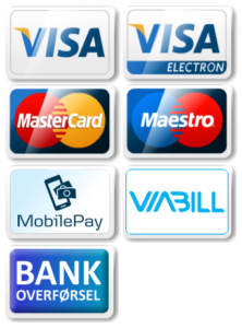 Kortbetaling med visa, mastercard, viabill, mobilepay, applepay og bankoverførsel